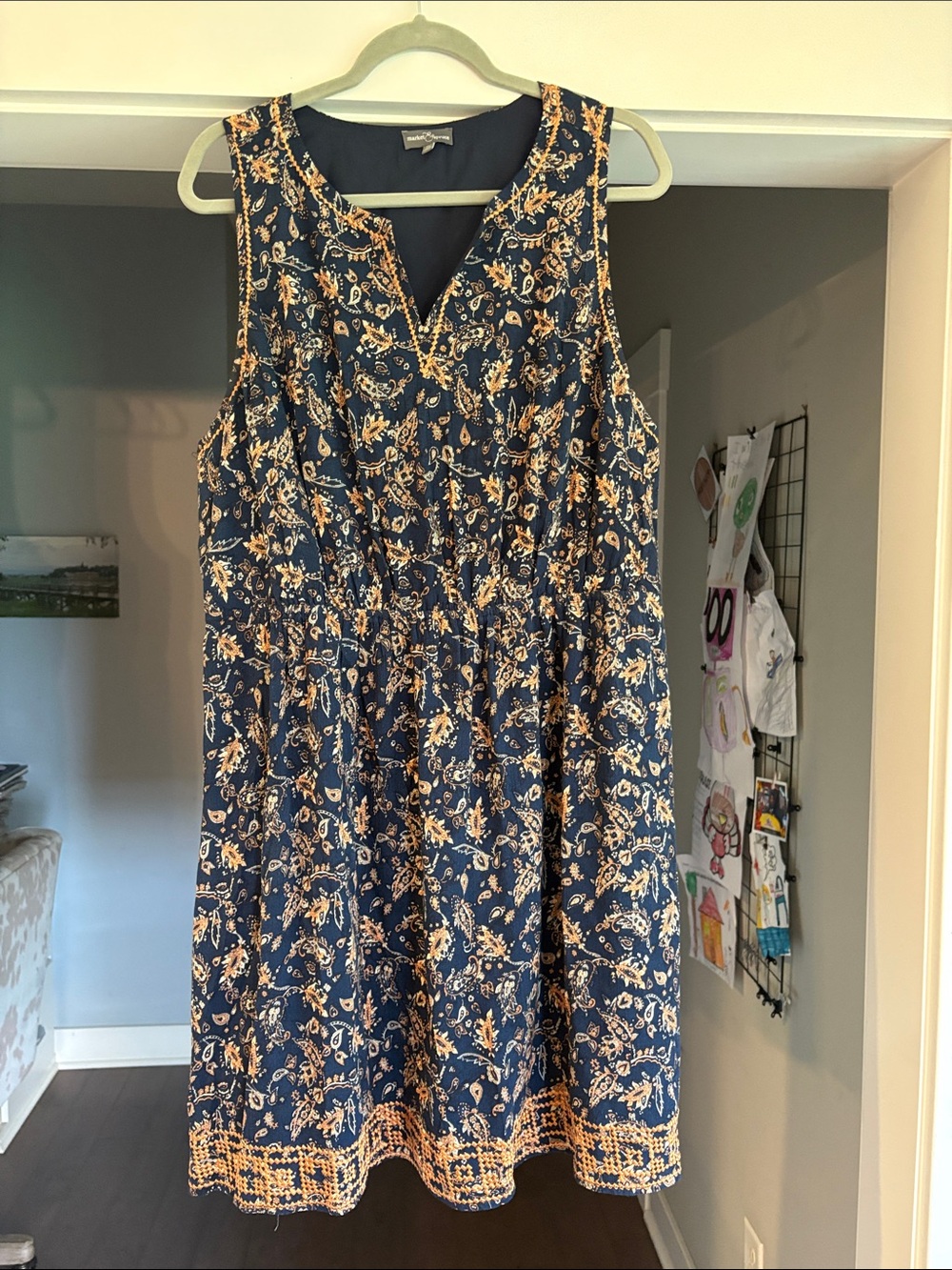 Market & Spruce Navy Sleeveless Floral V-Neck Dress with Copper Print